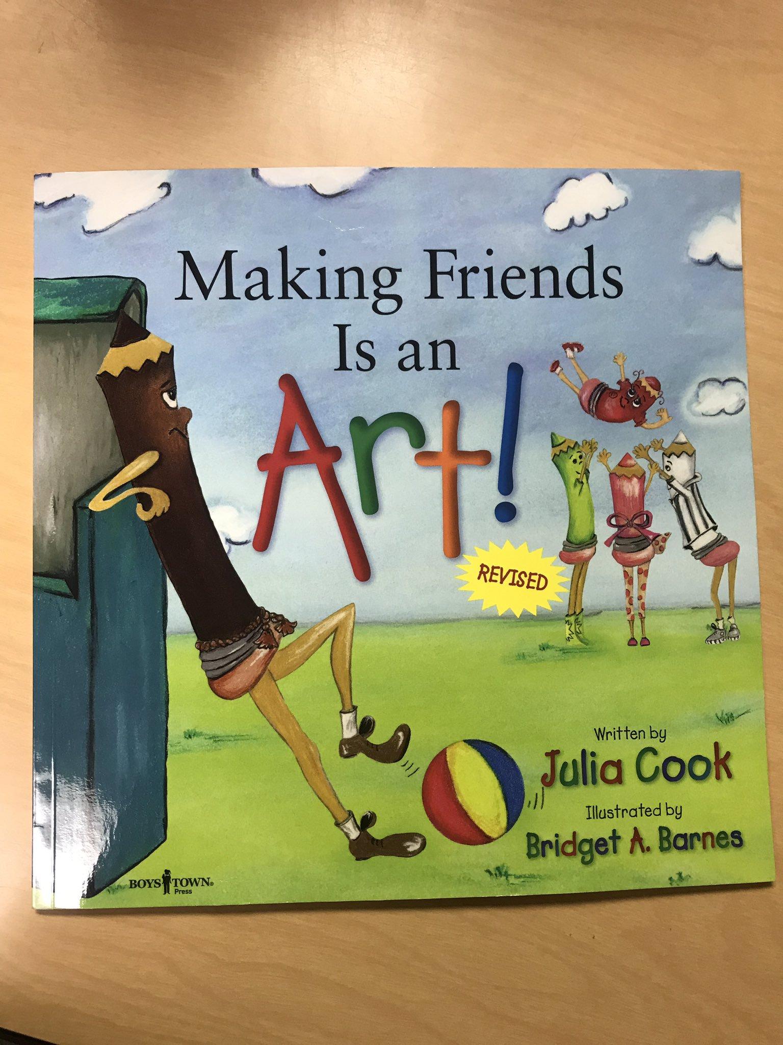 Ms. Willard is showing her students how to make friends. Students read "Making Friends is an Art" by #JuliaCook. One student wrote "I can stand up for everyone if they are being bullied" Alcott Eagles SOAR! #proud2bepusd